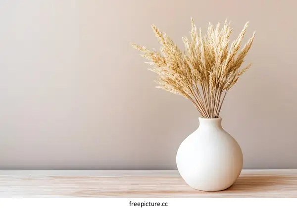 Dried Pampas Grass in a White Vase on a Wooden Table