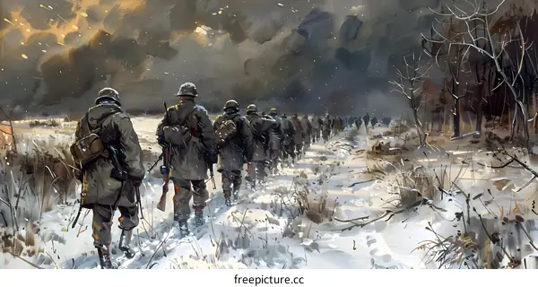 Soldiers Marching Through the Snow During a Winter War