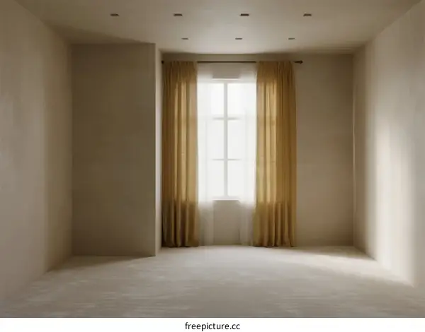 An empty room with a window and beige curtains inside