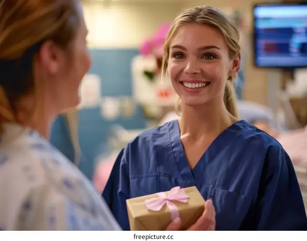 A smiling nurse giving a gift to a patient in a hospital room