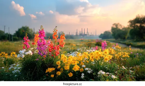Colorful Wildflowers Blooming in a Field at Sunset