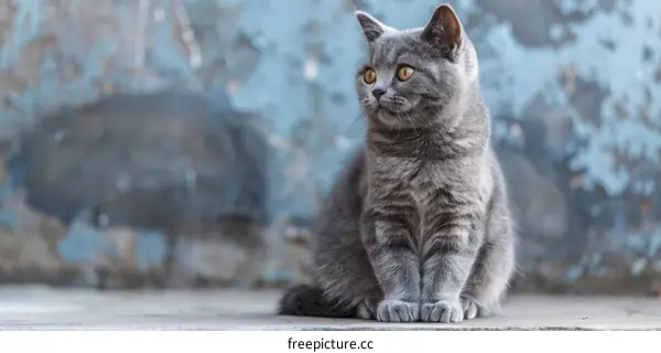 A gray British shorthair cat is sitting on the ground in front of a blue background.