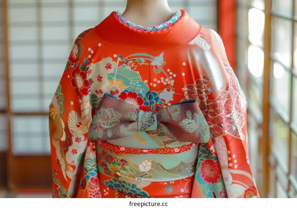 A woman wearing a red kimono with a floral pattern