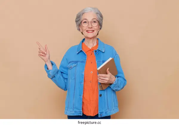 Smiling Senior Woman Pointing with Book