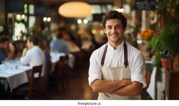 Portrait of a happy young male chef standing in a restaurant with his arms crossed