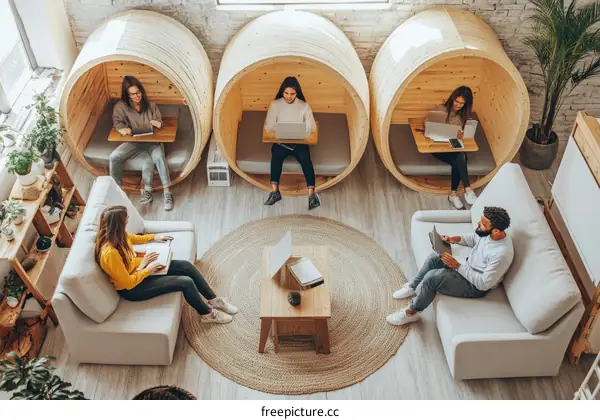 Modern Coworking Space with Wooden Pods