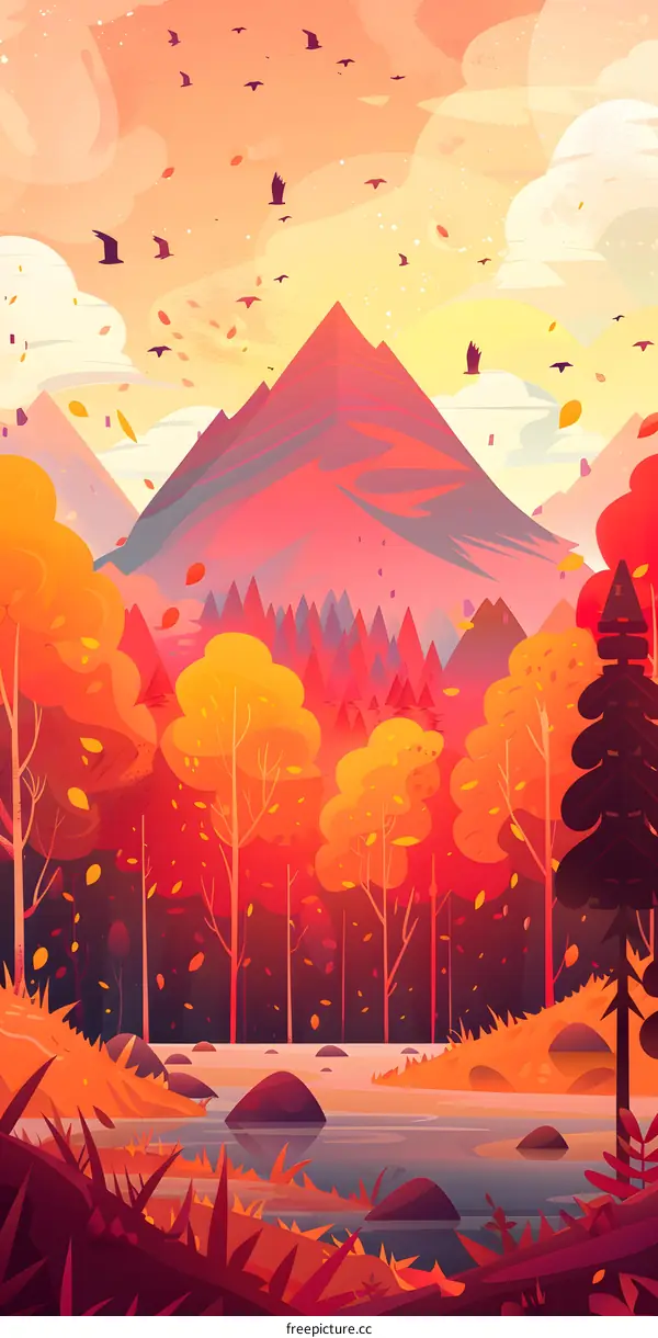 Autumn Landscape with Mountain, Forest, and Birds