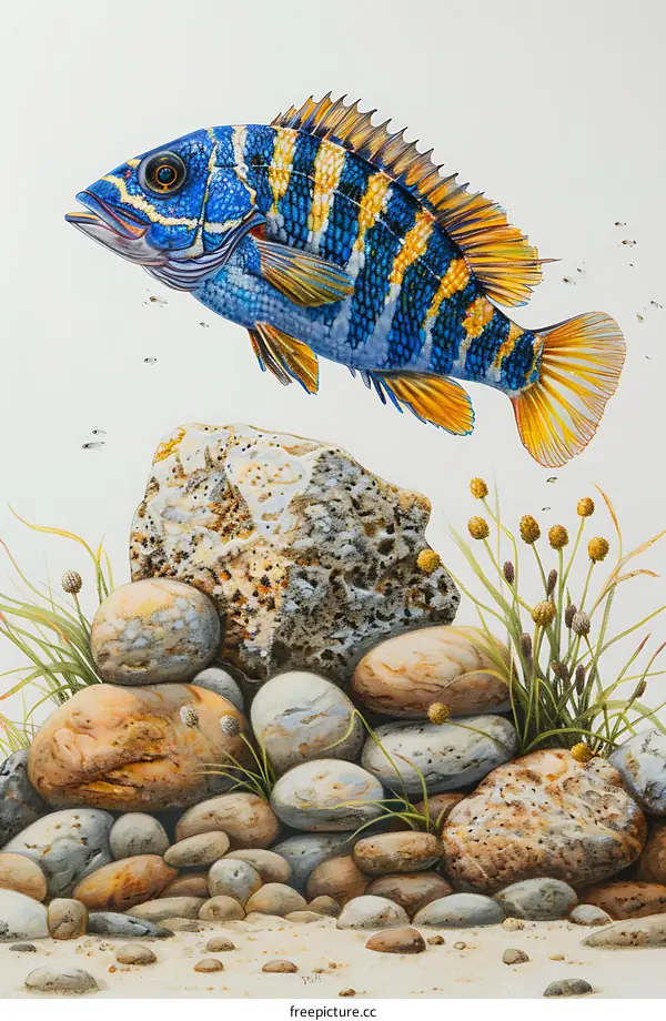 Striped Fish over River Rocks