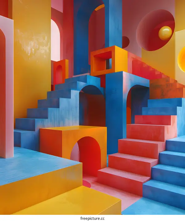 Colorful 3D geometric shapes form an abstract surreal maze