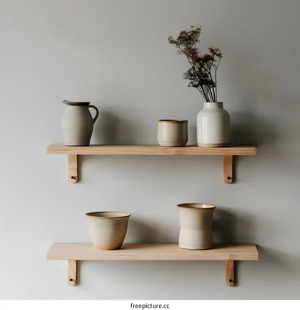 Simple Wooden Shelves With Ceramic Decor