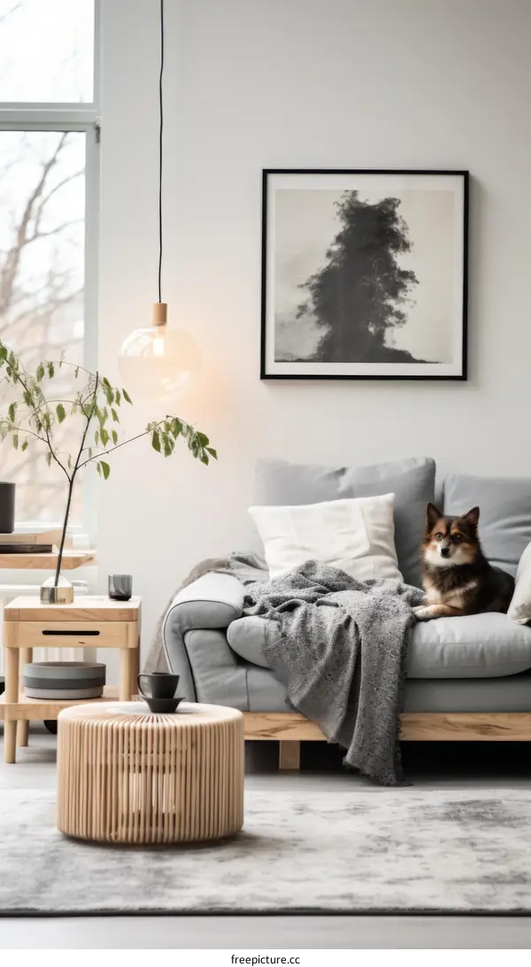 A cozy living room with a dog on the couch