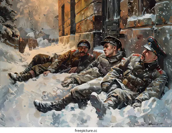 Russian Soldiers Resting in the Snow During Winter