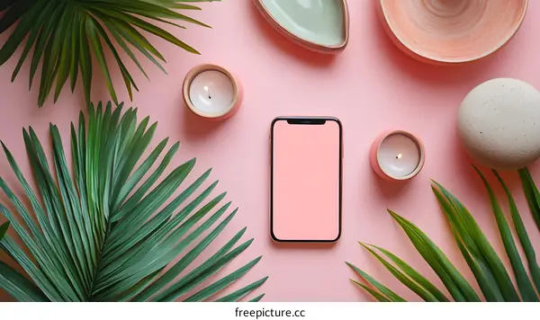 Pink Background With Palm Leaves and Candles