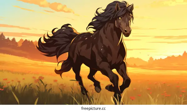 A dark brown horse with a long flowing mane and tail is running through a field of tall grass with a beautiful sunset in the background