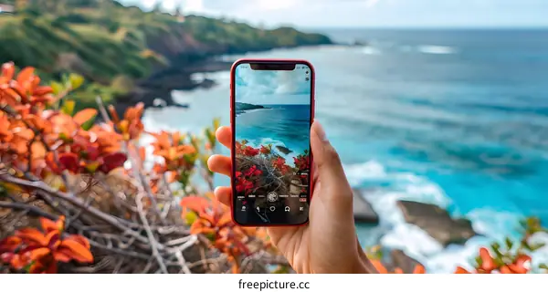 Hand Holding Smartphone Taking Picture of Ocean Coastline