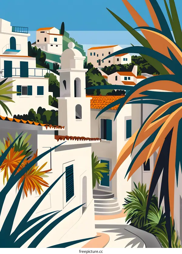 White Buildings and Palm Trees in a Mediterranean Village Illustration