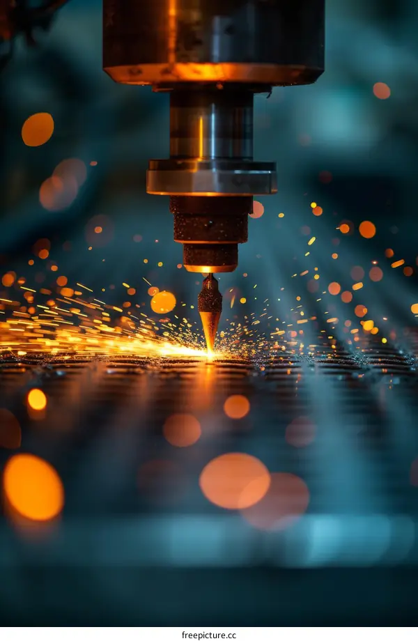 Industrial machinery processes metal with sparks flying