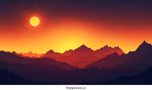 Mountain Range Silhouette with Orange Sunset and Stars