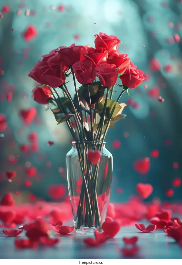 Stunning Red Roses in Heart-Shaped GlassVase