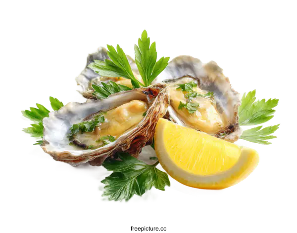 [Transparent Background PNG]Fresh Oysters with Lemon and Parsley