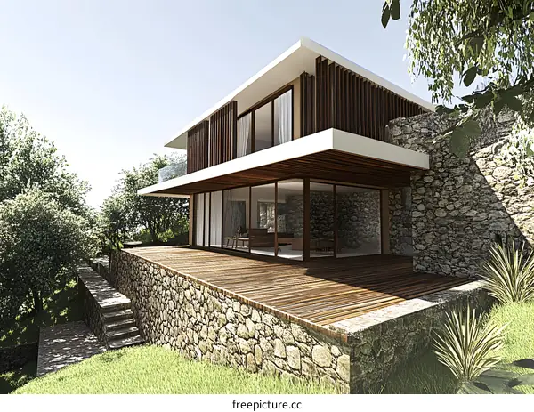 Modern House With Stone Wall And Wooden Deck