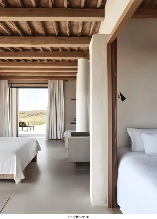 Modern Minimalist Interior Design With Wooden Beams And White Walls