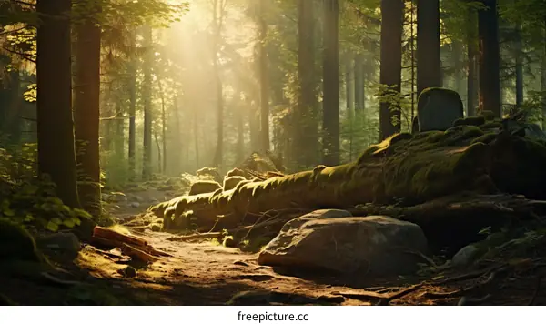 The sun shines through the forest