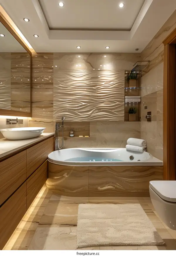 Beige Marble Bathroom Interior With Wooden Vanity