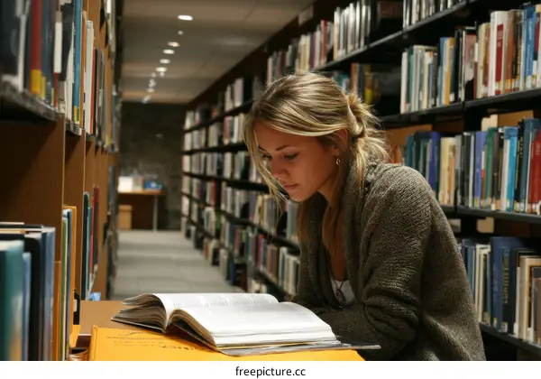 Woman Studying in a Library Filled with Books