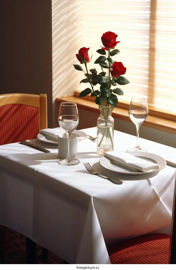 Romantic Dinner Table Setting with Red Roses