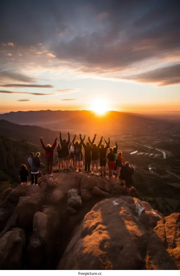 People celebrating the sunset on a mountaintop