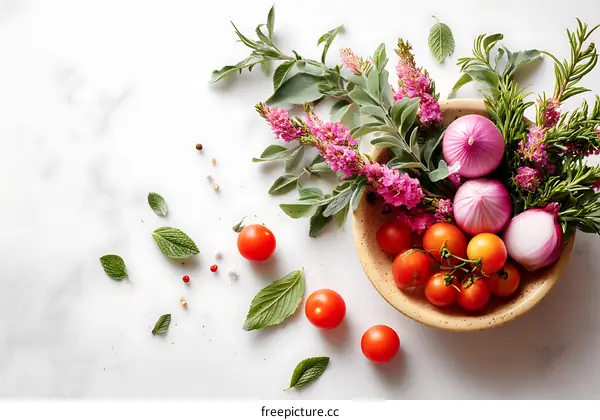 Colorful Fresh Food and Herbs Arrangement on Marble Surface