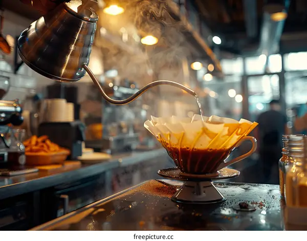 Barista Pouring Hot Water into a Coffee Filter