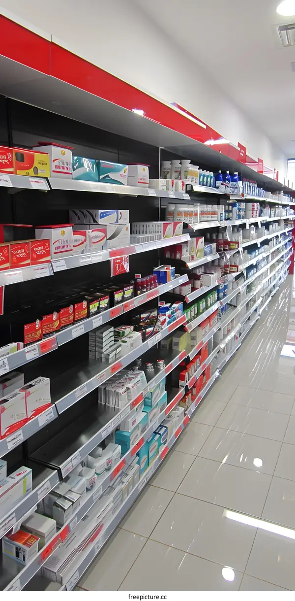 Pharmacy Store Interior Shelves With Medicine And Products