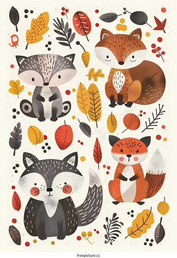 Cute Cartoon Foxes Autumn Leaves Illustration