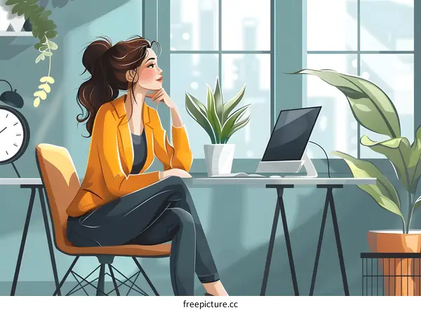 Woman Sitting at Desk with Laptop and Plants in Home Office