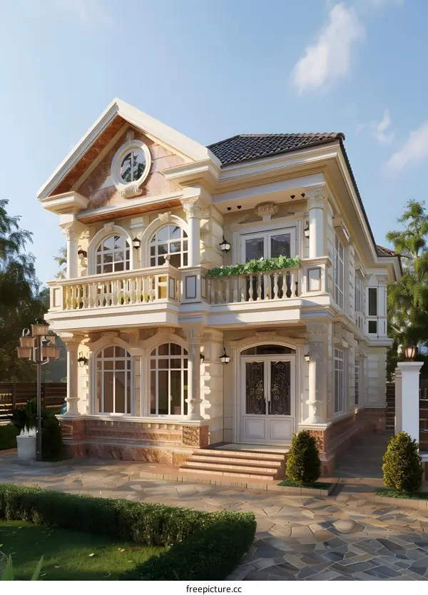 Beautiful Classic Style Two Story House With White Columns And Balcony