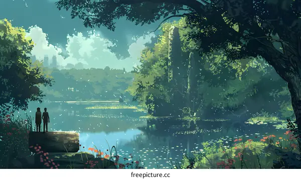 Two people overlooking a serene lake