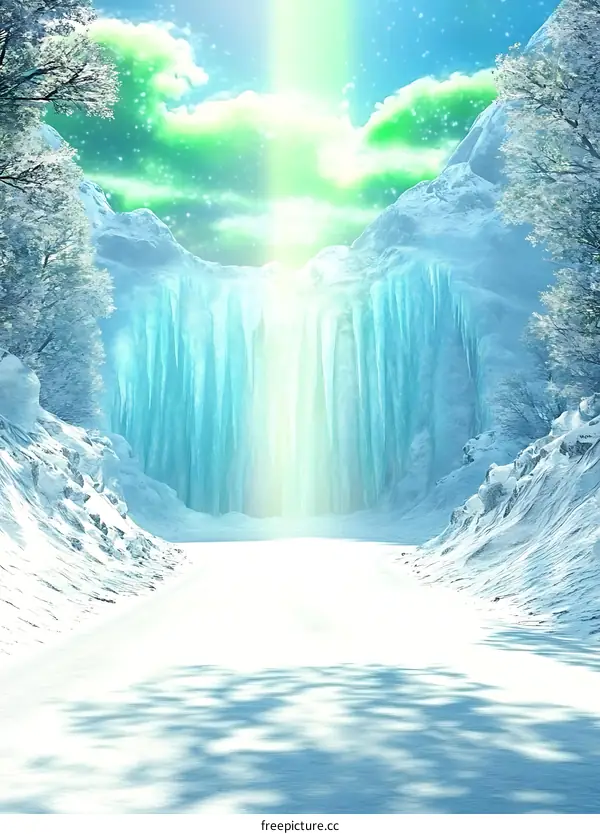 Winter Landscape with Frozen Waterfall and Green Aurora