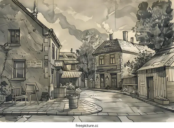 Black and White Hand Drawn Watercolor Illustration of European Village Street