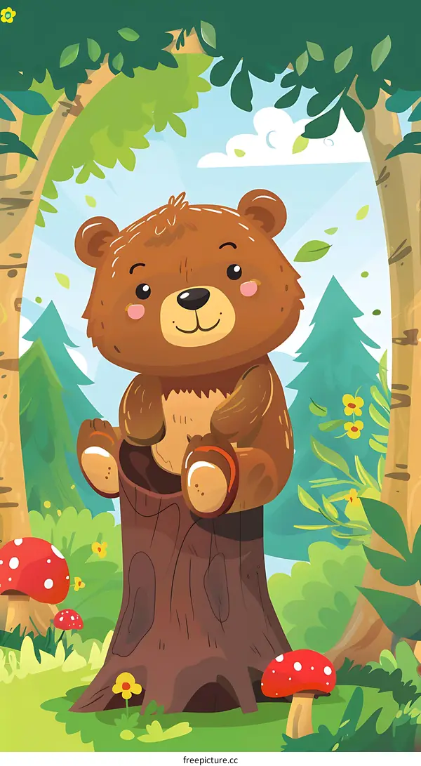 Cute Cartoon Bear Sitting On A Tree Stump In The Forest