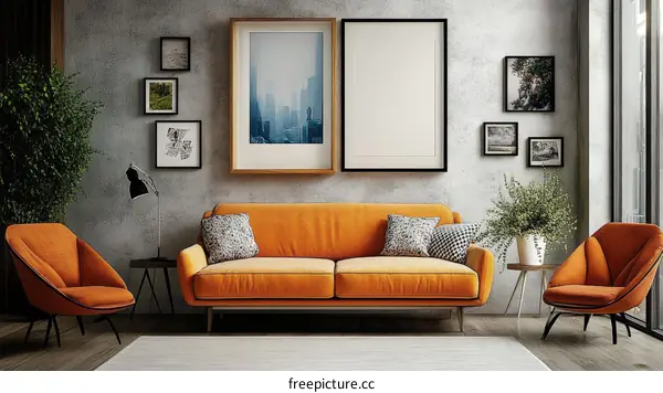 Modern Living Room Interior Design with Orange Sofa