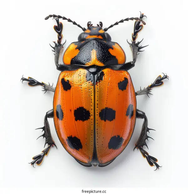 A detailed illustration of a red and orange beetle with black spots