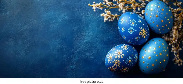 Hand painted Easter Eggs on Dark Blue Background