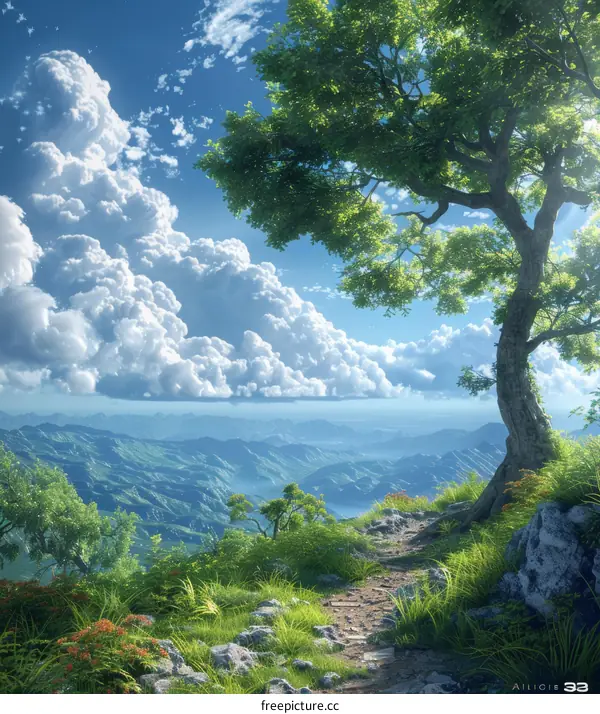 Fantasy Landscape with a Majestic Tree and a Distant Mountain Range
