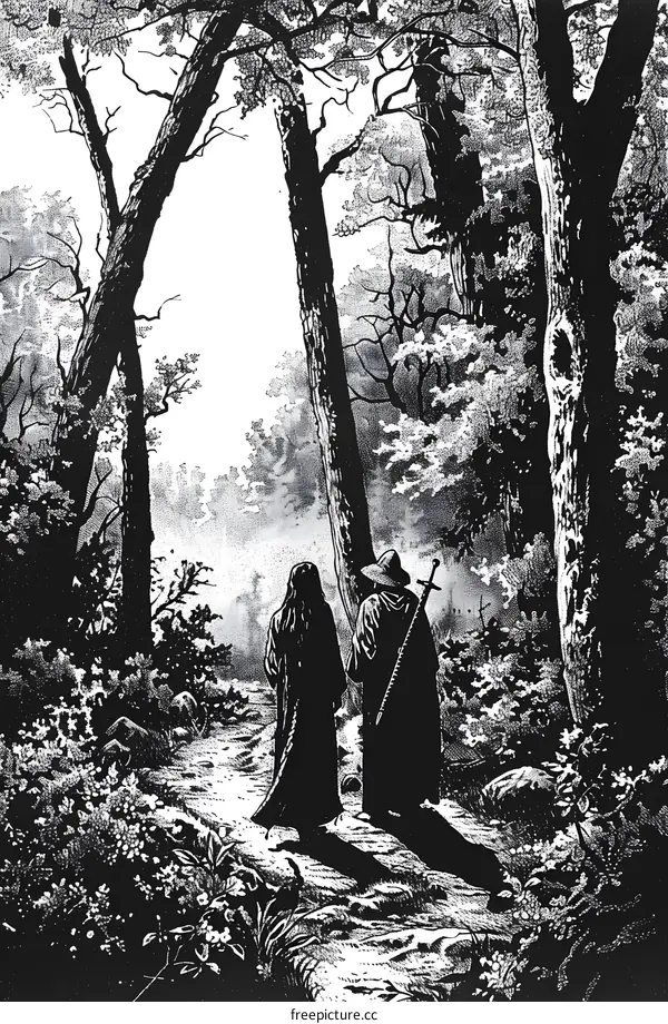 Two Figures Walking Through a Forest
