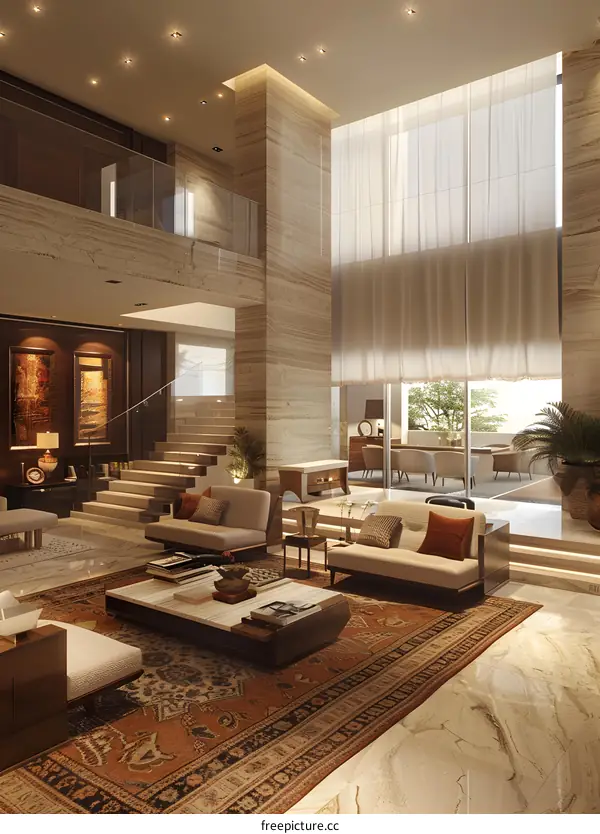 Modern Living Room Interior Design with Large Windows and a Grand Staircase