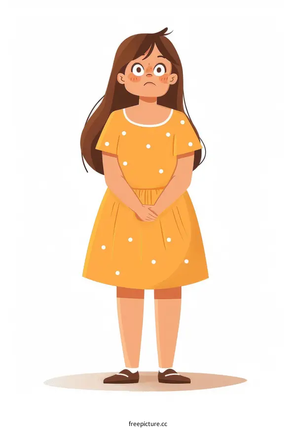 Little girl in yellow dress looking up with worried expression
