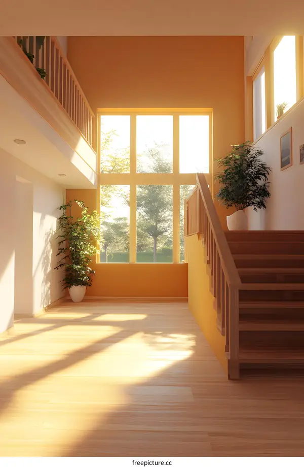 Modern Staircase Interior Design With Wood Floor And Large Window