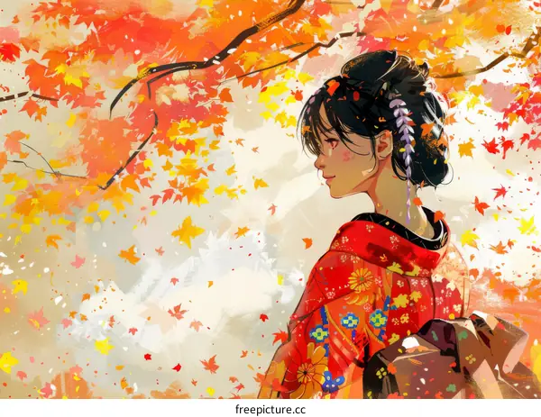 A woman in a red kimono standing under a tree in the fall
